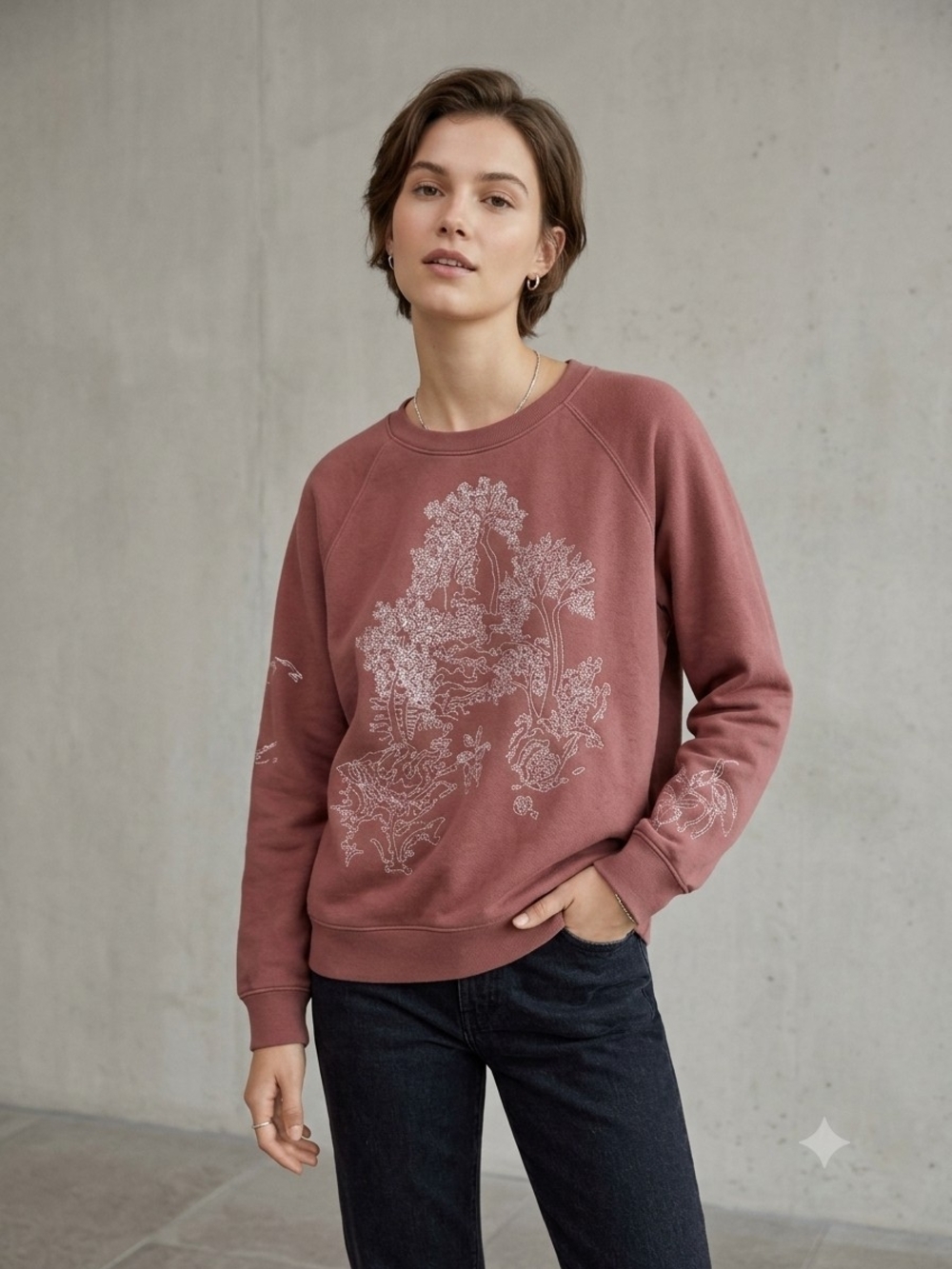 Aritzia Little Moon Crewneck Brown With White Abstract Embroidery